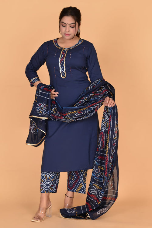 Dark Blue Cotton Suit With Bandhej Print Mulmul Cotton Dupatta