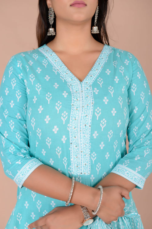 Sky Blue Color Cotton Suits With Mulmul Cotton Dupatta