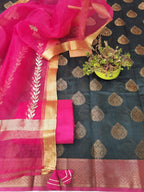 Grey color banarsi with organza silk dupatta