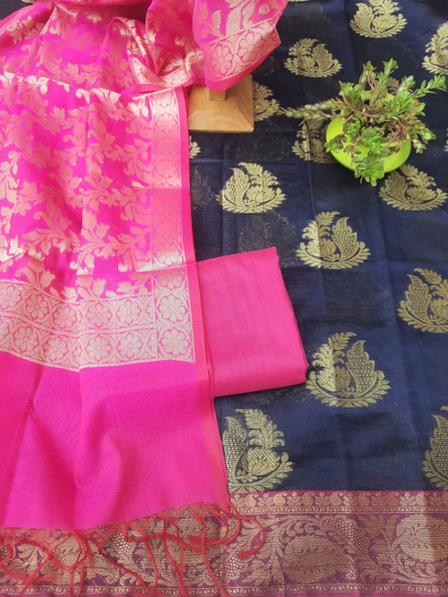 Dark blue banarsi silk with rani color Banarsi silk Dupatta