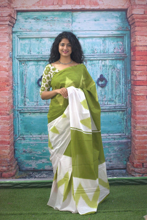 Pastel Green Color Cotton Mulmul Saree