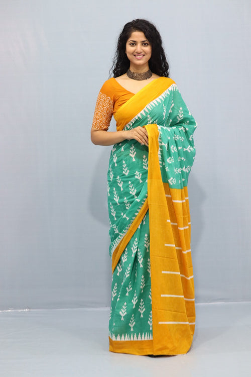 Sea green color Cotton Saree - Aaditri fab