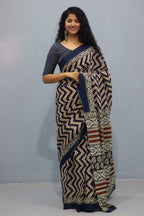 Black color Cotton hand block print Saree - Aaditri fab
