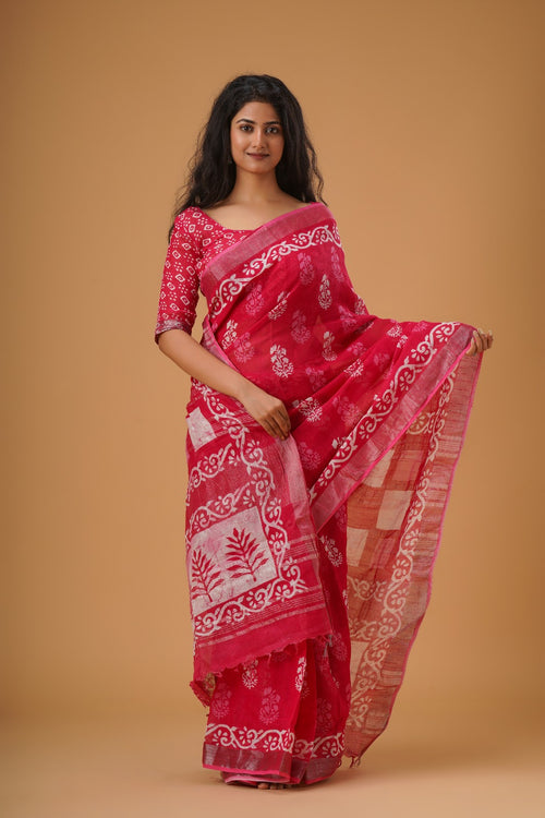 ROSE RANI COLOR HANDLOOM LINEN HANDBLOCK PRITN SAREE