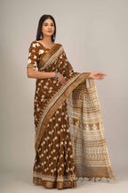 Pastel color handloom linen block print saree