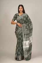 Pastel green color handloom linen block print saree