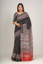 Black color handloom linen block print saree
