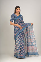 Indigo blue handloom linen block print saree