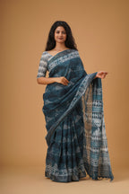 INDIGO color handloom linen block print saree