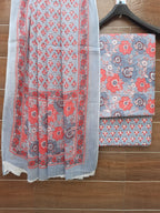 Grey color cotton dress material with mulmul cotton dupatta