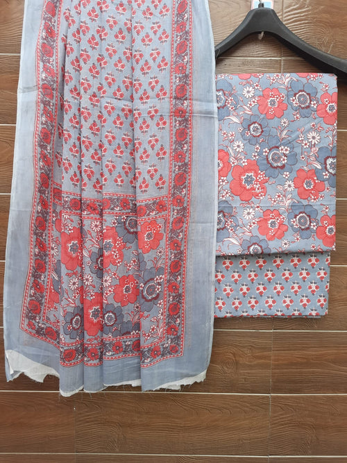Grey color cotton dress material with mulmul cotton dupatta