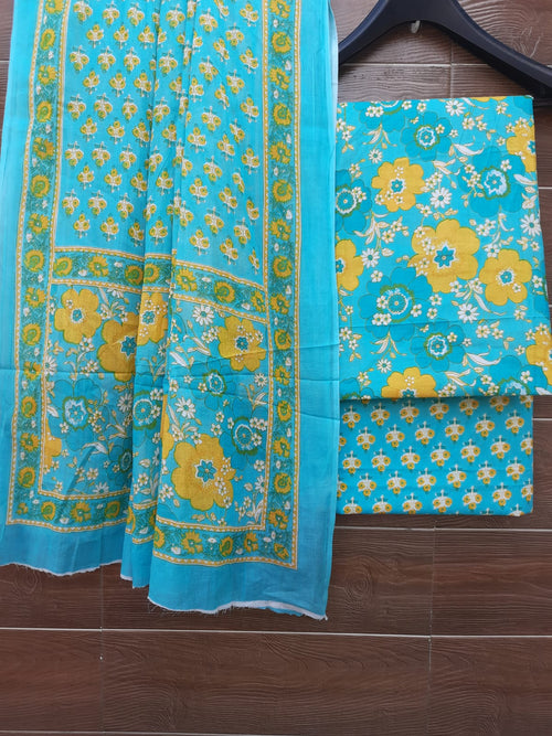 Sea green cotton dress material with mulmul dupatta