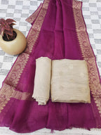 Beige color silk dress material with pure kota silk dupatta