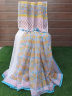 Sea Green Color Kota Doria Hand Block Print With Blouse Saree