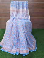 Sky Blue Color Hand Block Print Kota Doria With Blouse Saree