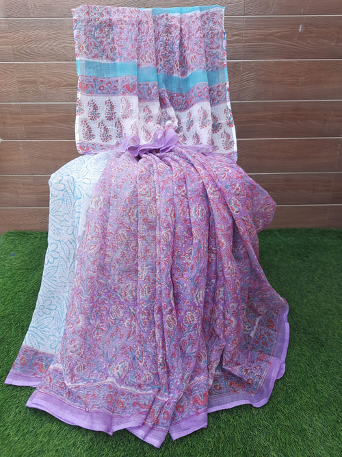 Lavender Color Kota Doria Hand Block Print Saree