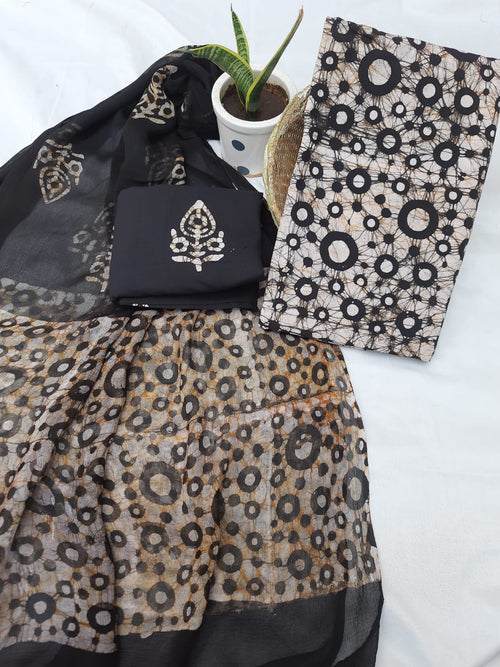 Black color batik print cotton with chiffon dupatta