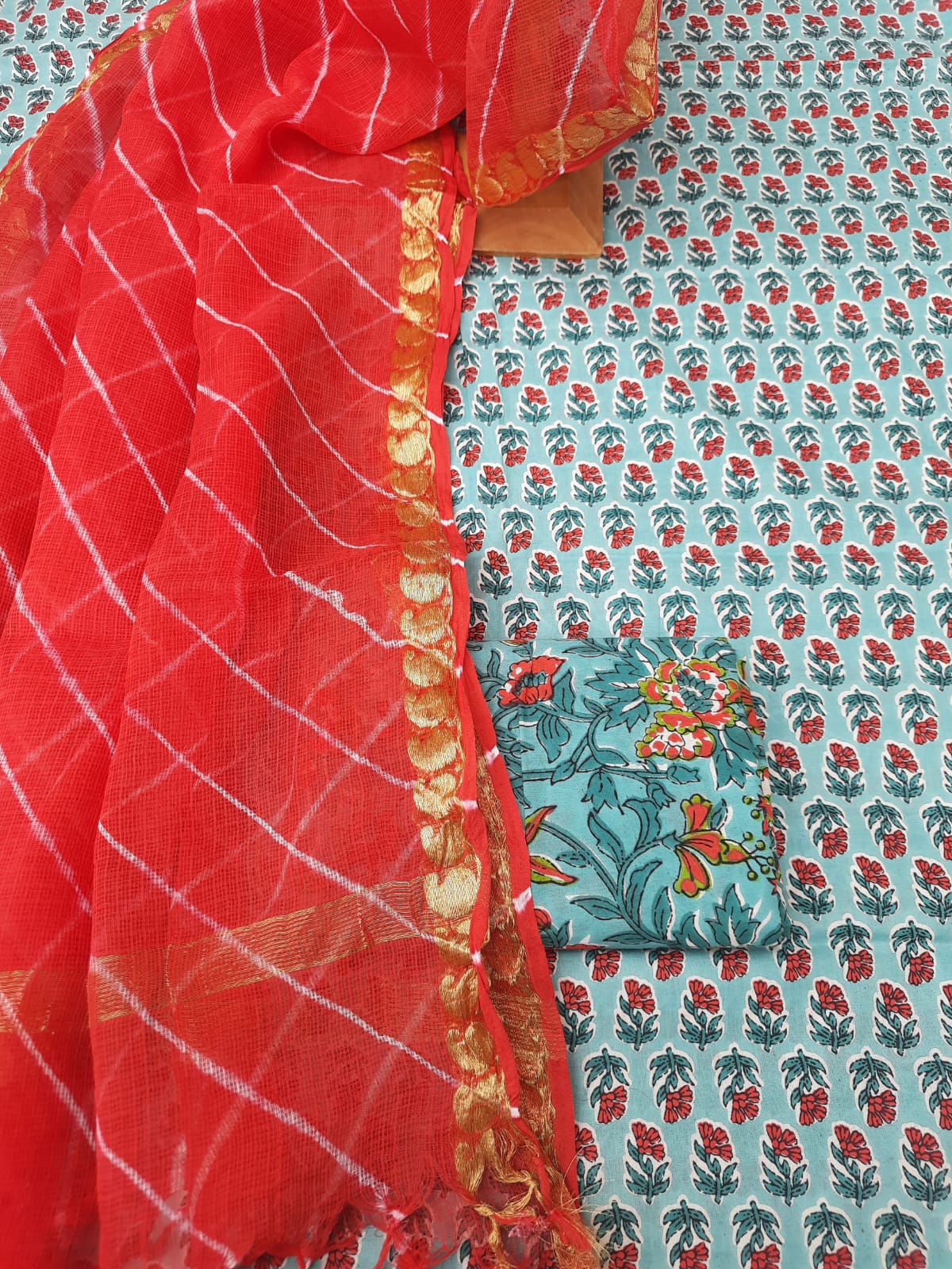 Sea green color cotton dress material with kota doria dupatta  Aaditri fab
