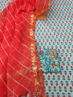 Sea green color cotton dress material with kota doria dupatta