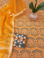 Mustard color ajrakh print cotton with organza embroidery dupatta