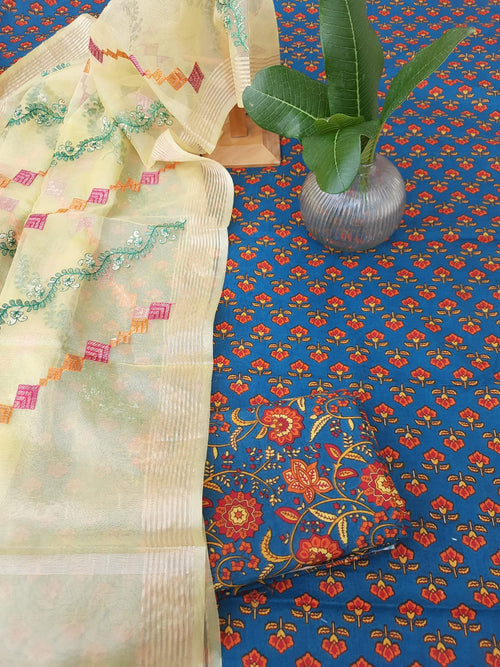 Blue color cotton dress material with organza embroidery dupatta