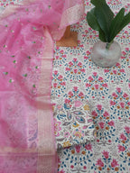 Pink color print cotton dress material with organza embroidery dupatta
