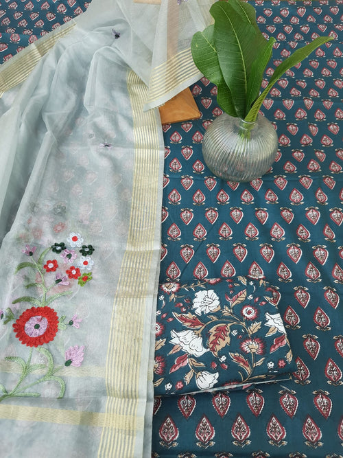 Grey color cotton dress material with organza embroidery dupatta