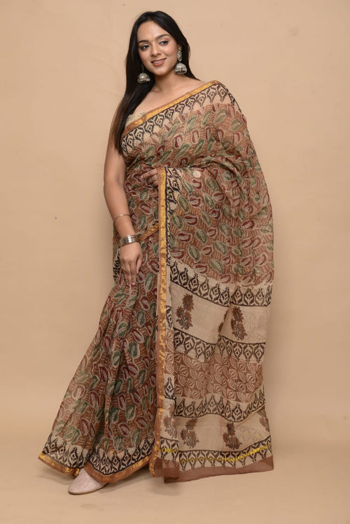 Bagru Print Hand Block Kota Doria Saree