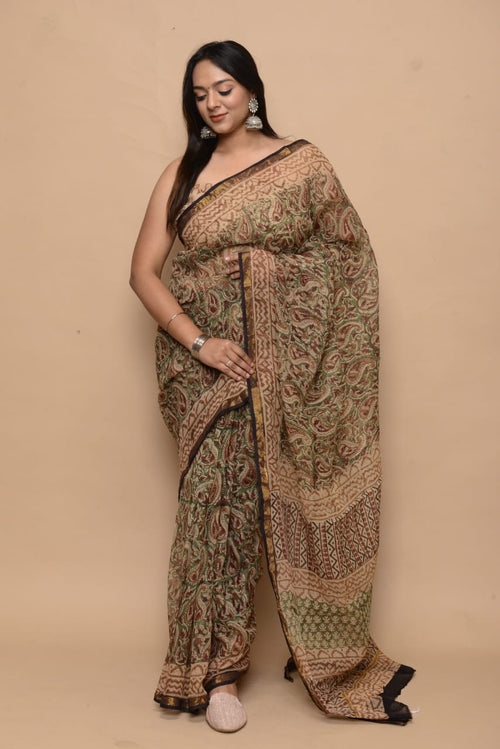 Pastel Color Kota Doria Hand Block Print Saree