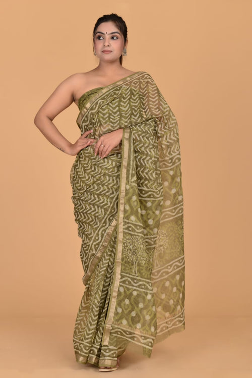 Pastel Green Color Kota Doria Hand Block Print Saree