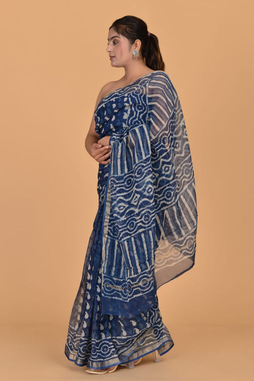 Indigo Blue Kota Doria Hand Block Print Saree