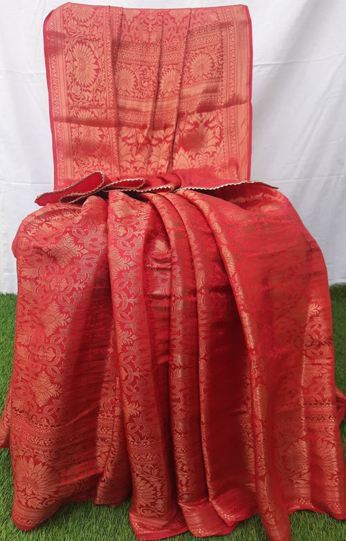 Red color copper zari banarsi silk saree
