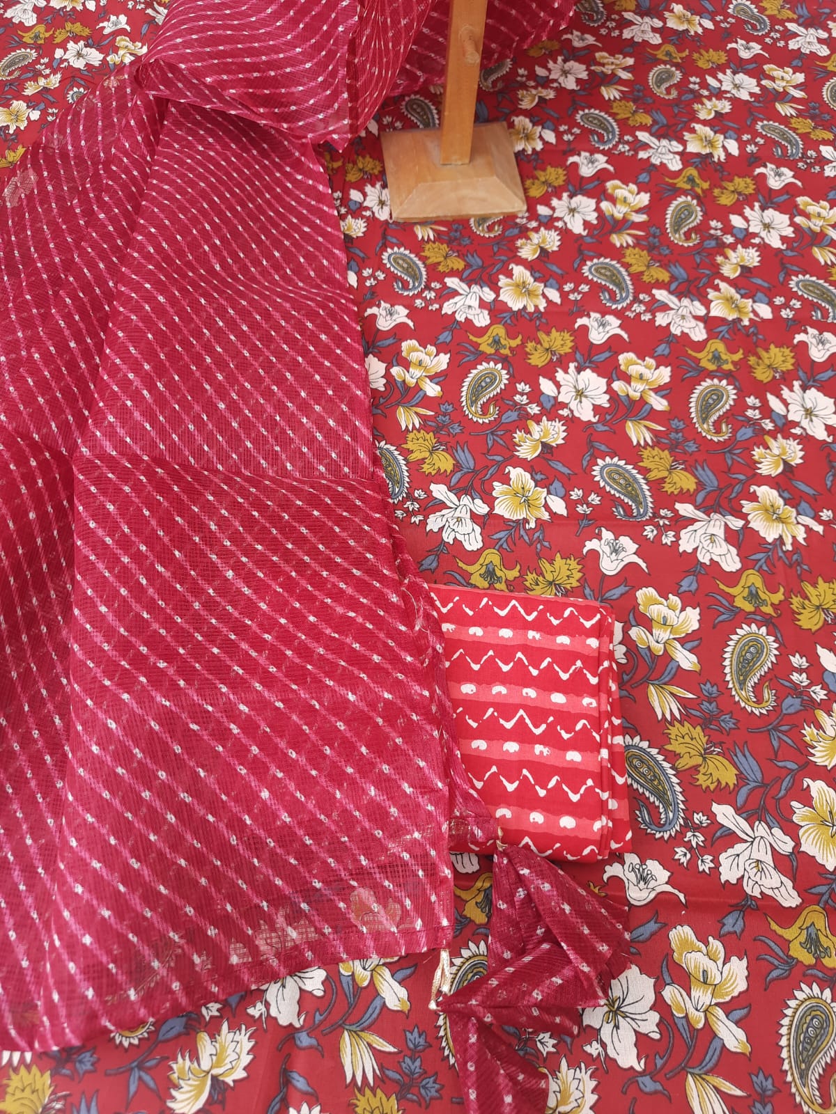 Maroon Color Cotton Top Material  And Contrast Black Color Pant Material With Contrast Color Cotton Dupatta