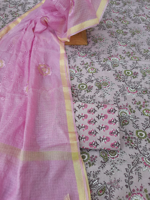 Lavender color cotton dress material with kota doria dupatta
