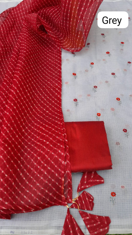 Grey colour Kota Embroidery Suit With Kota Dupatta