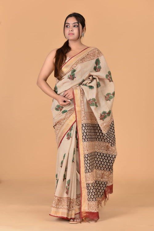 Beige color Maheshwari silk saree