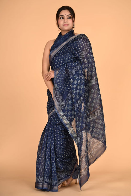 Indigo blue color Maheshwari silk saree
