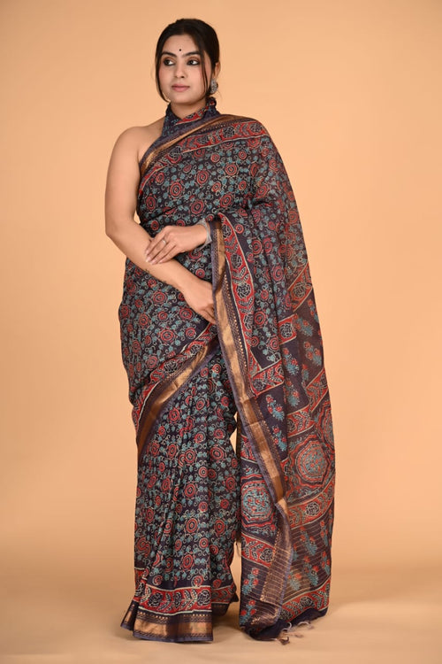Ajrakh print Maheshwari silk saree