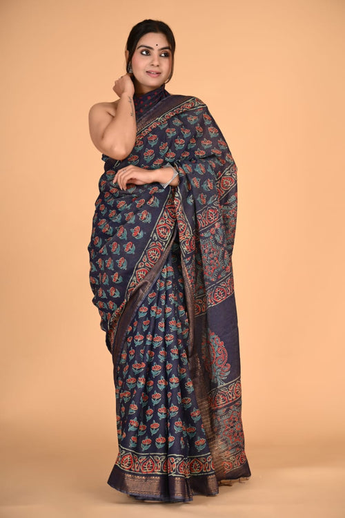 Ajrakh print Maheshwari silk saree