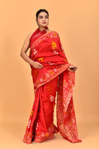 Red color batik print Maheshwari silk saree
