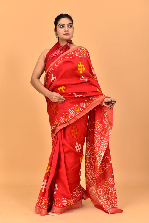 Red color batik print Maheshwari silk saree