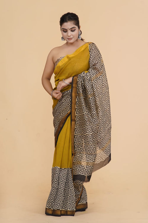 Mustard yellow Maheshwari silk Saree - Aaditri fab