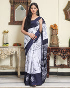 White With Blue Batik Print Mulmul Cotton Saree
