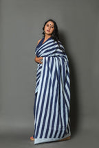 Blue Color with Horizontal Lines Soft mulmul cotton saree