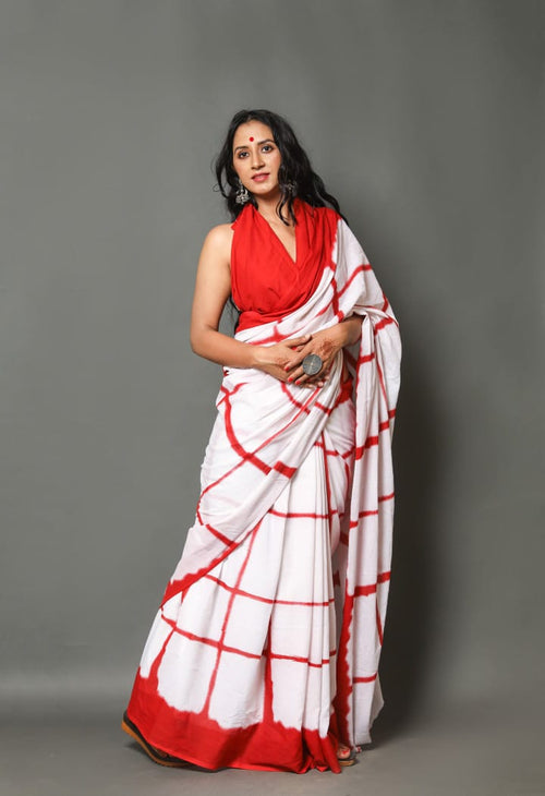 White With Geometric Print Mulmul Cotton Saree