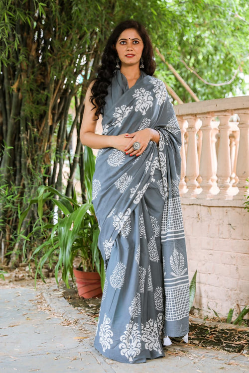 Grey color mulmul cotton saree