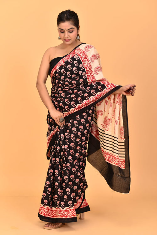 Black Color Mulmul Cotton Saree