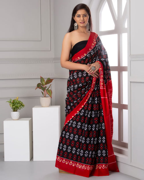 Black and Rad color Mulmul cotton saree