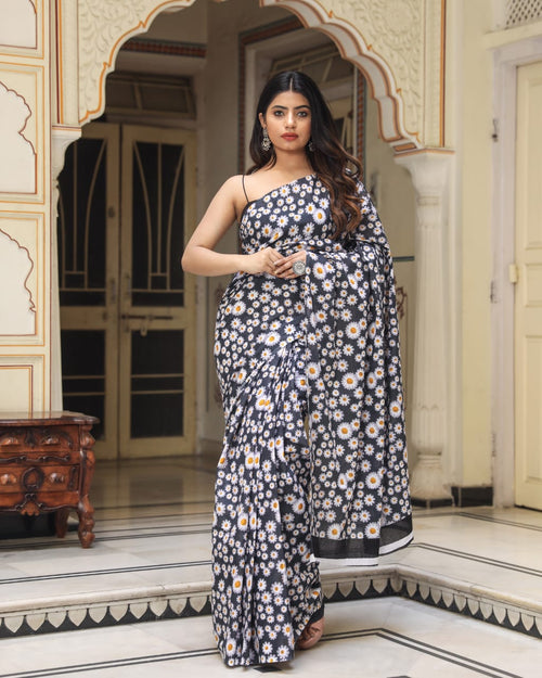Floral Print Black Color Soft Mulmul Cotton Saree