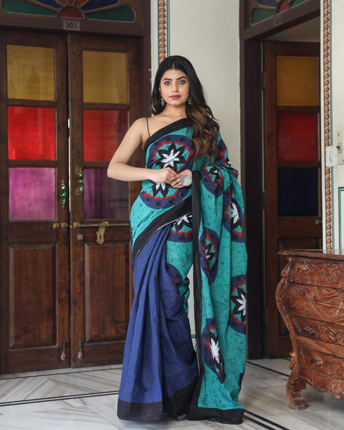 Blue and Sky Color Mulmul Cotton Saree